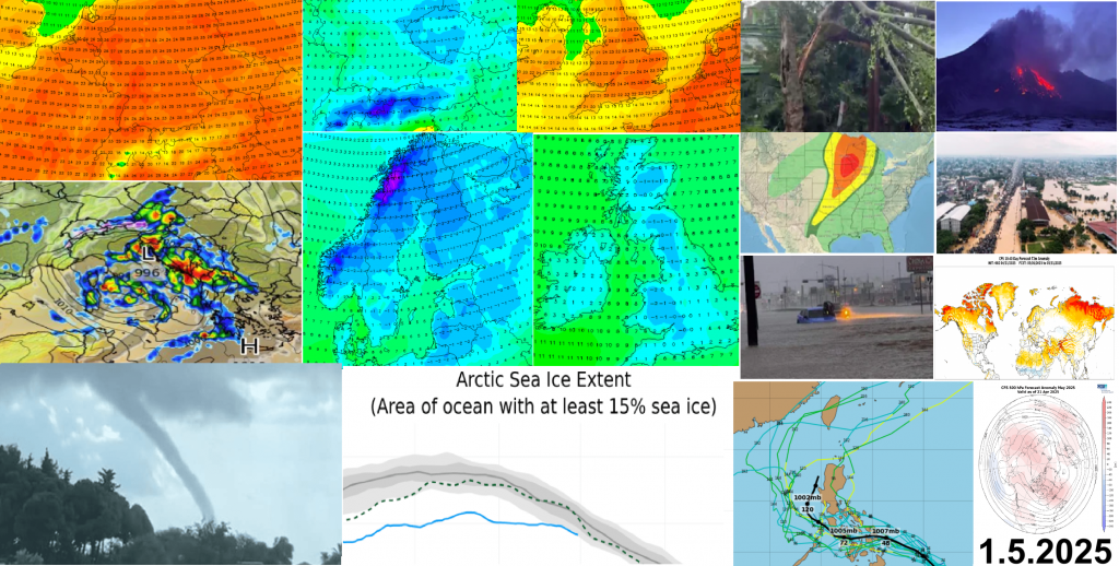 Weather Report for 1. May 2025: Continental Europe after tropical heatwave frosts and snow in basins, Finland -10,2°C, the Netherlands +29,5°C, Germany +28,8°C, severe storms hit eastern half of the US and the next hard weeks ahead, Asia with +10°C above monthly records and 300-y heatwave (Pakistan +49,0°C, Kuwait +48,9°C, Saudi Arabia +47,6°C, Iran/Iraq +47,0°Cm UAE +46,6°C, Israel +44,9°C, Turkmenistan +43,3°C), Sahara hot, +40°C in South Africa and +30°C in southern Australia a month before winter, tropical depressions near Philippines