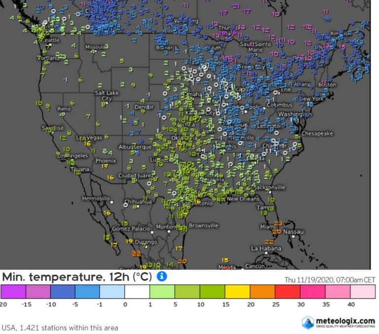 After windstorm frosts Boston 5,6°C /21.9°F, New York 3,3°C /26.1°F